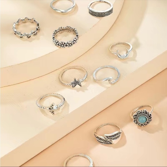 Boho Leaf Moon Gemstone Ring Set 11pc - Picture 2 of 5
